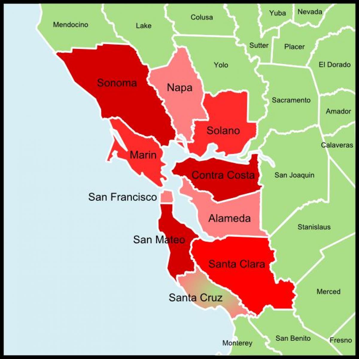 Área de San Francisco bay en el condado mapa