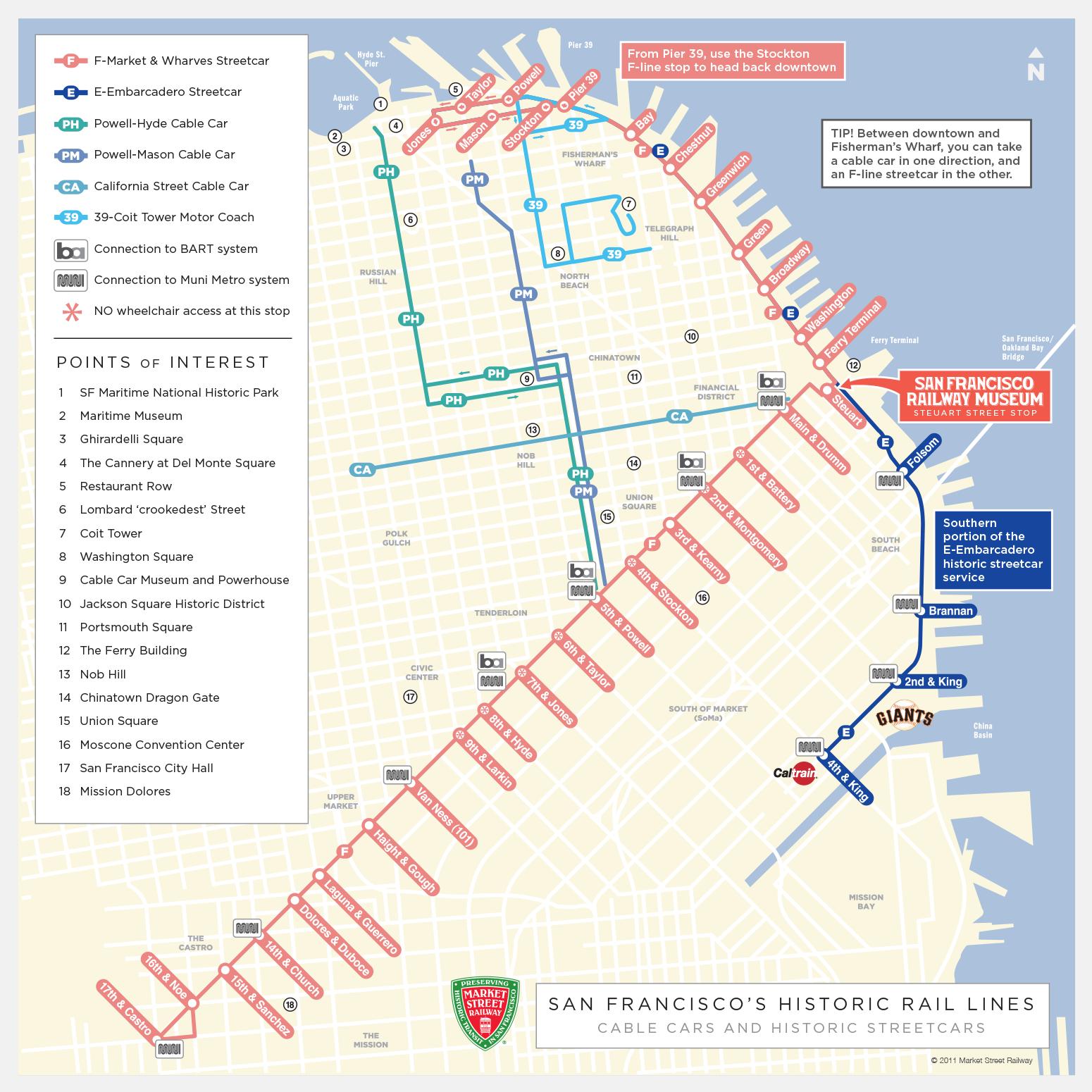 Tranvía mapa de San Francisco - Mapa de la ruta del trolley de San Francisco  (California - USA)