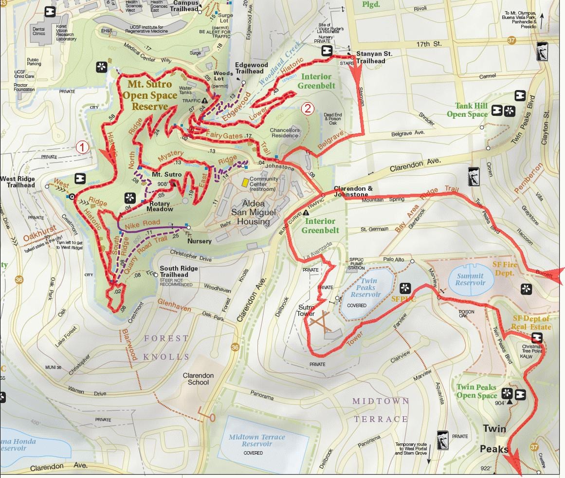Mapa de área de la bahía de senderos para bicicletas