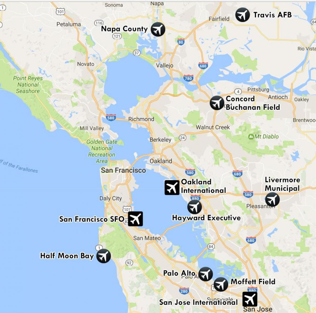 aeropuertos cerca de San Francisco mapa