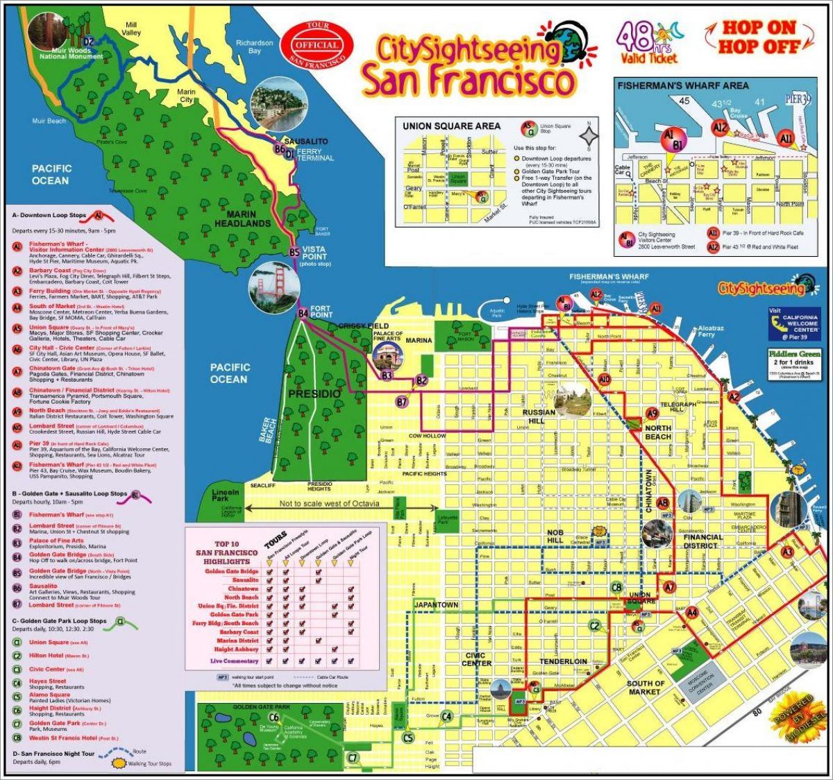 visita de la ciudad de San Francisco, el mapa del recorrido